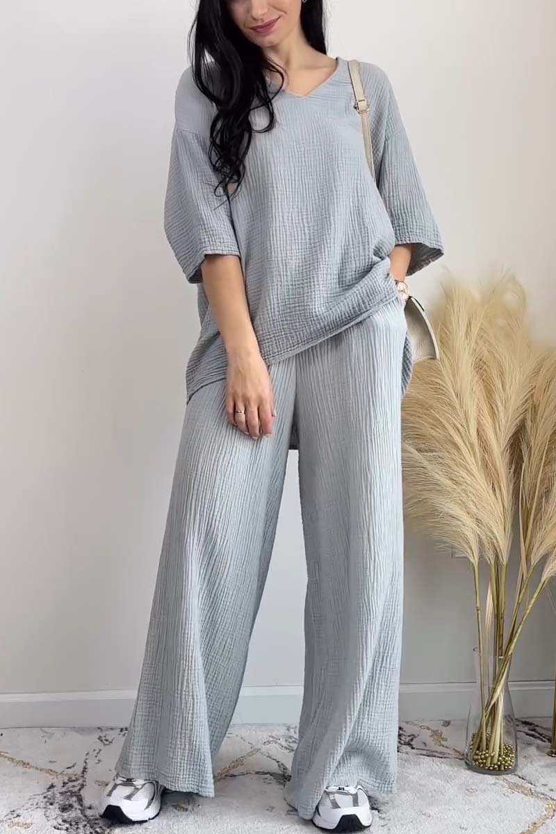 Women's casual V-neck short-sleeved solid color two-piece set