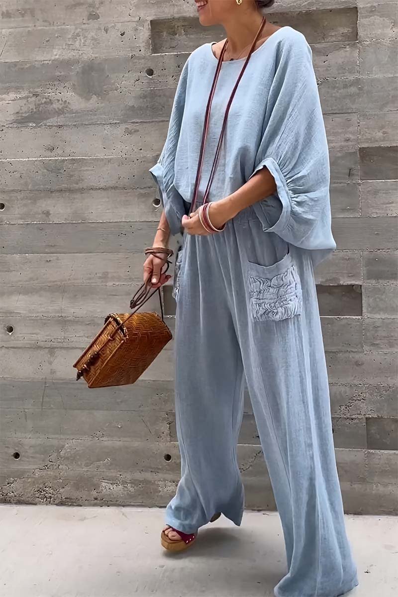 Women's casual bat sleeve top and pants cotton and linen two-piece set