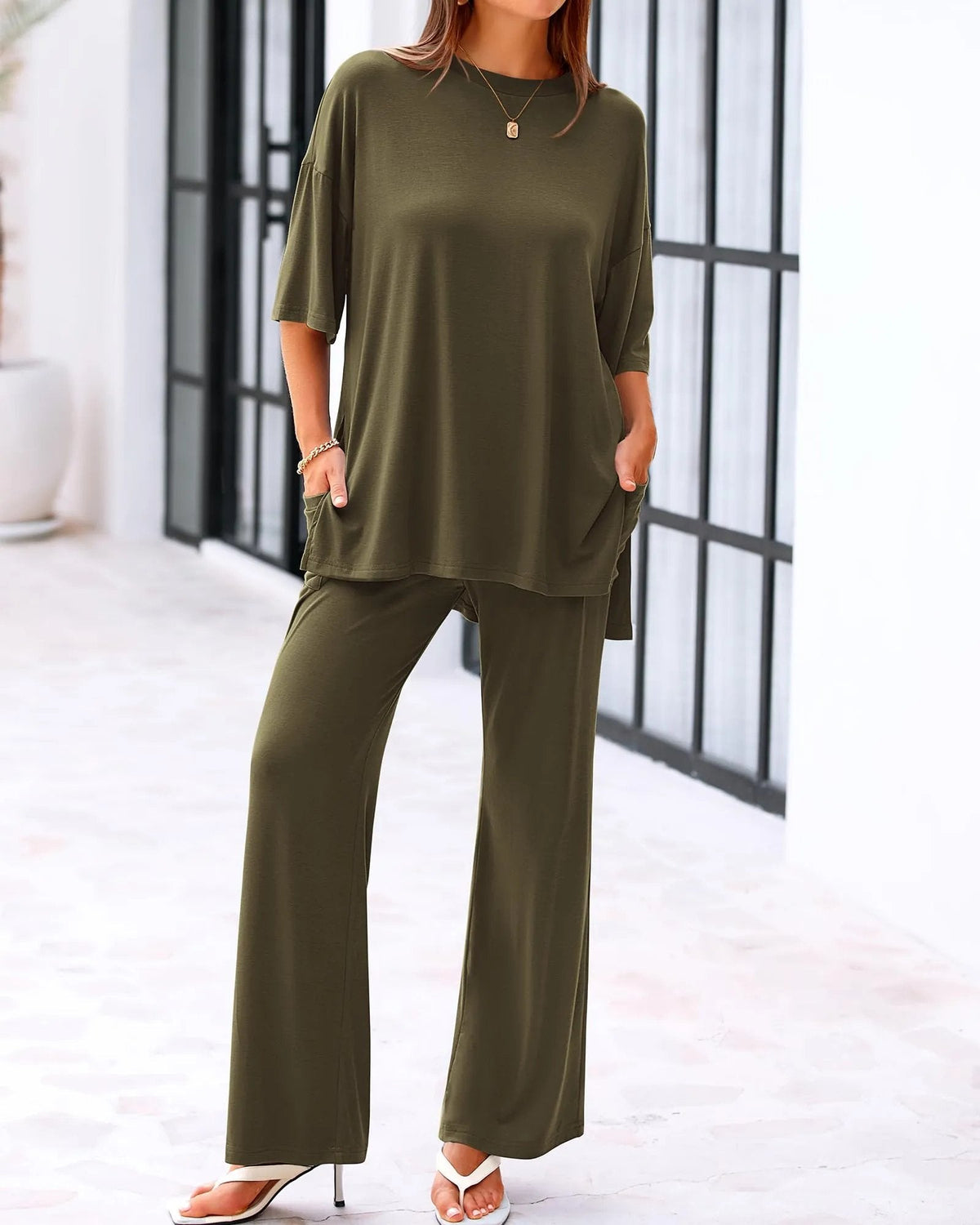 Casual 2-Piece Loose-Fit Short Sleeve Top & Wide-Leg Pants Set with Pockets