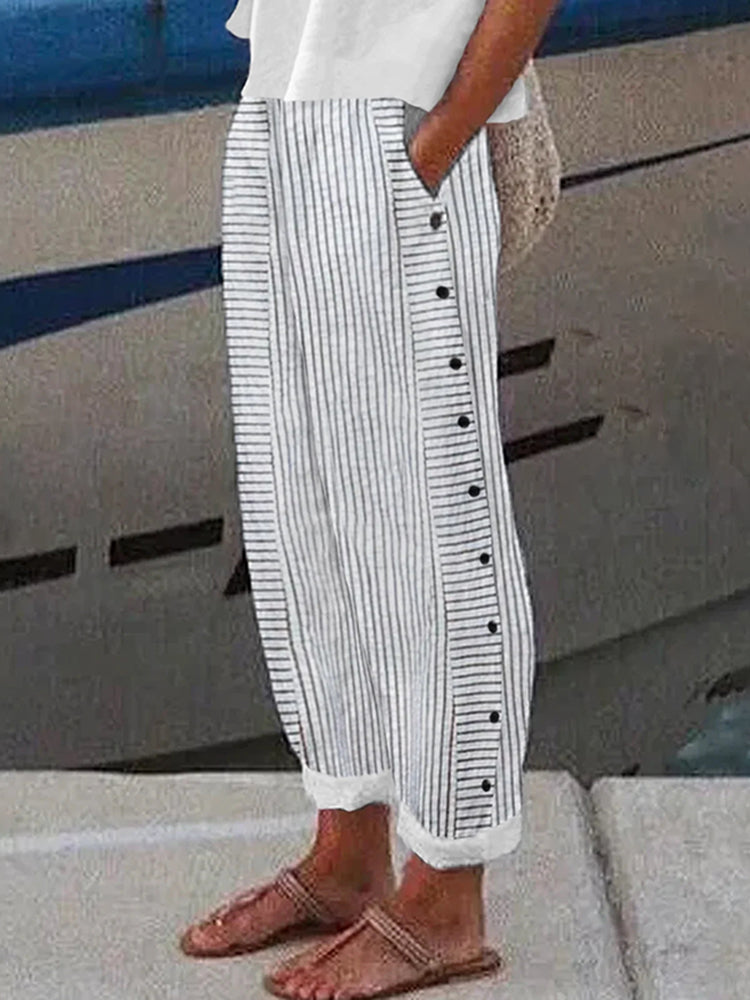 Vintage Stripes Printed Cotton Linen Cozy Pants