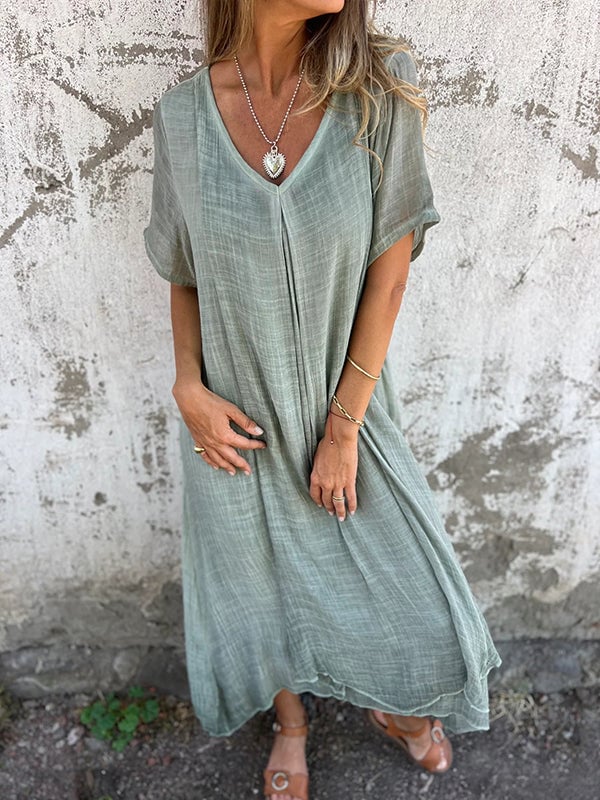 Cotton and Linen V-neck Midi Dress (Buy 2 Free Shipping)