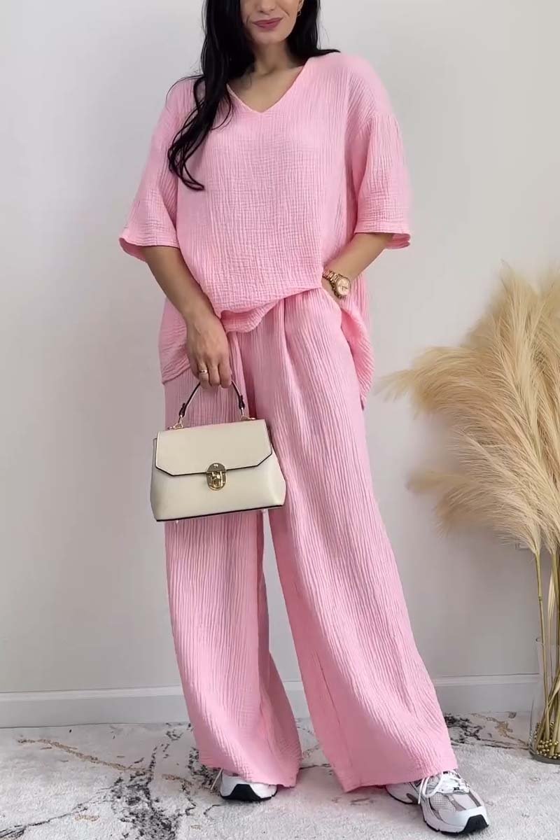 Women's casual V-neck short-sleeved solid color two-piece set
