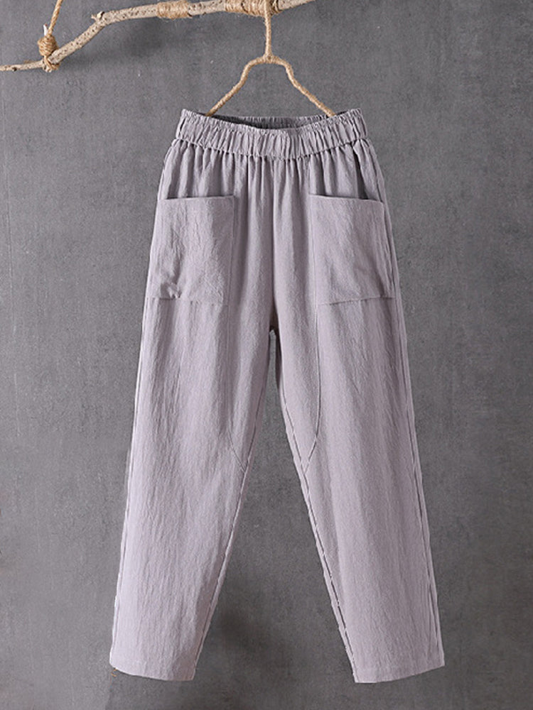 Women's Pockets Design Linen Blend Elastic Waist Pants