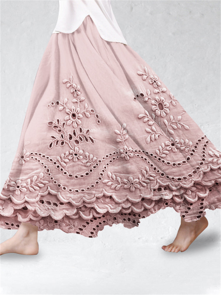 Cottage Floral Embroidered Lace Hem Linen Blend Flowy Skirt