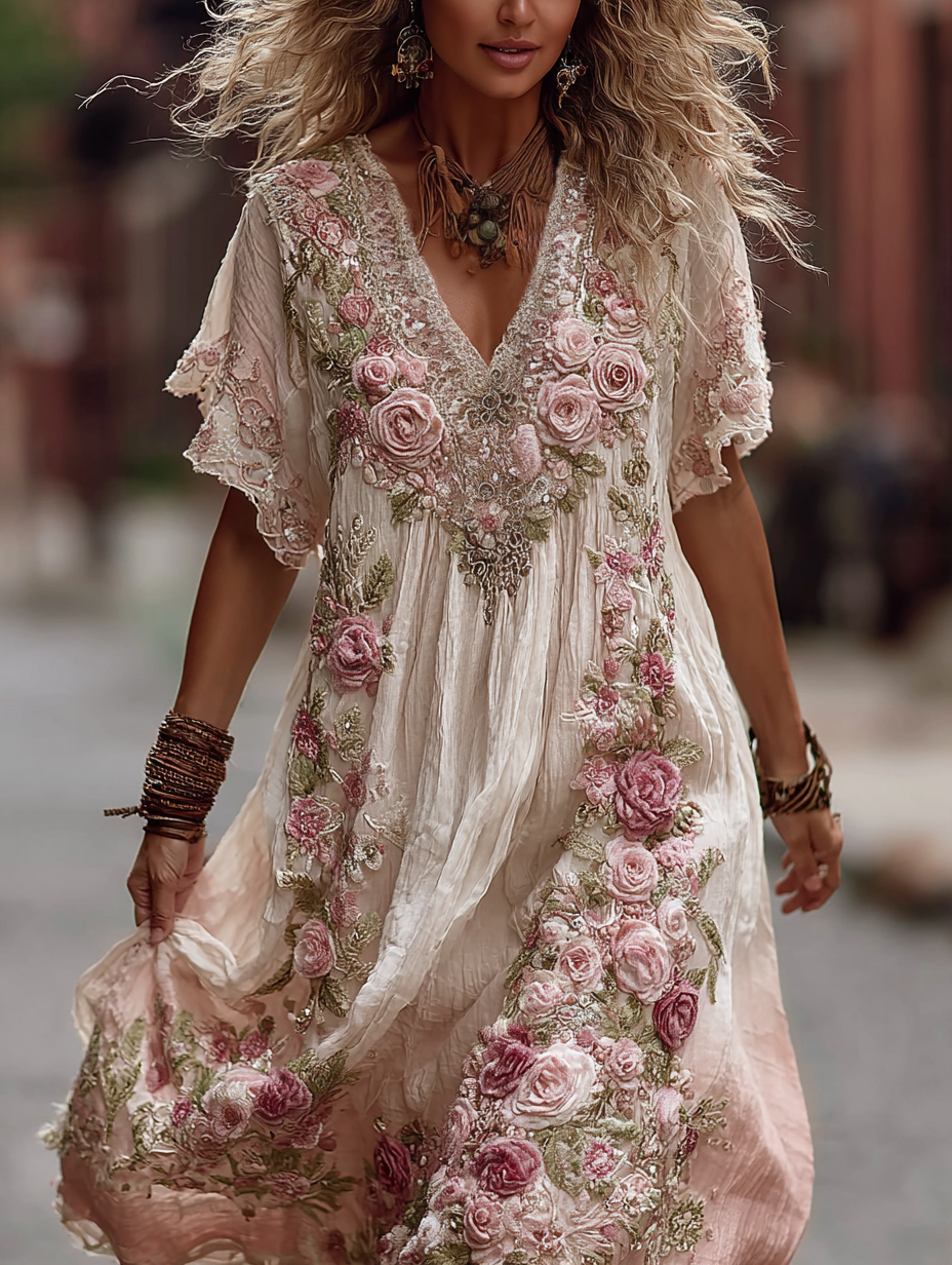 Women's Vintage Rose Embroidery Gradient Pink Art Comfy Linen Maxi Dress