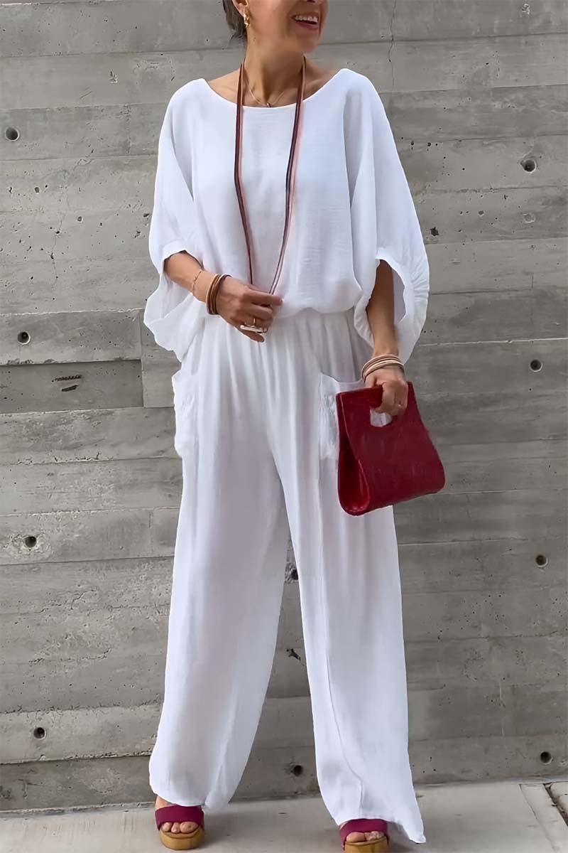 Women's casual bat sleeve top and pants cotton and linen two-piece set