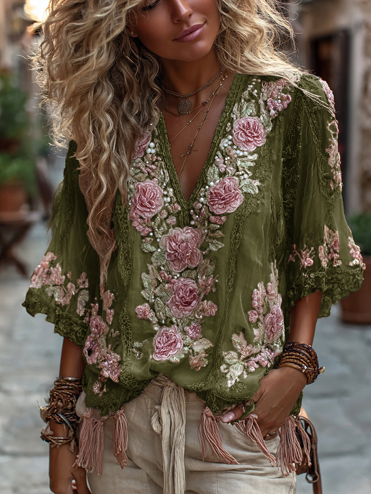 Women's Vintage Rose Embroidery Art Comfy Linen Shirts