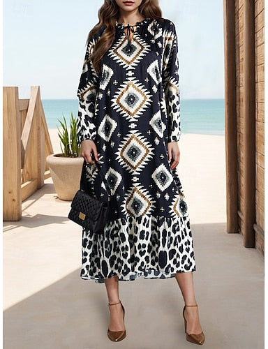 Women's Casual Dress Long Sleeve Bohemian Style Dress Long Sleeve Floral Tie Spring V Neck