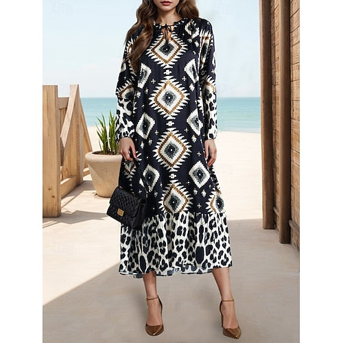 Women's Casual Dress Long Sleeve Bohemian Style Dress Long Sleeve Floral Tie Spring V Neck