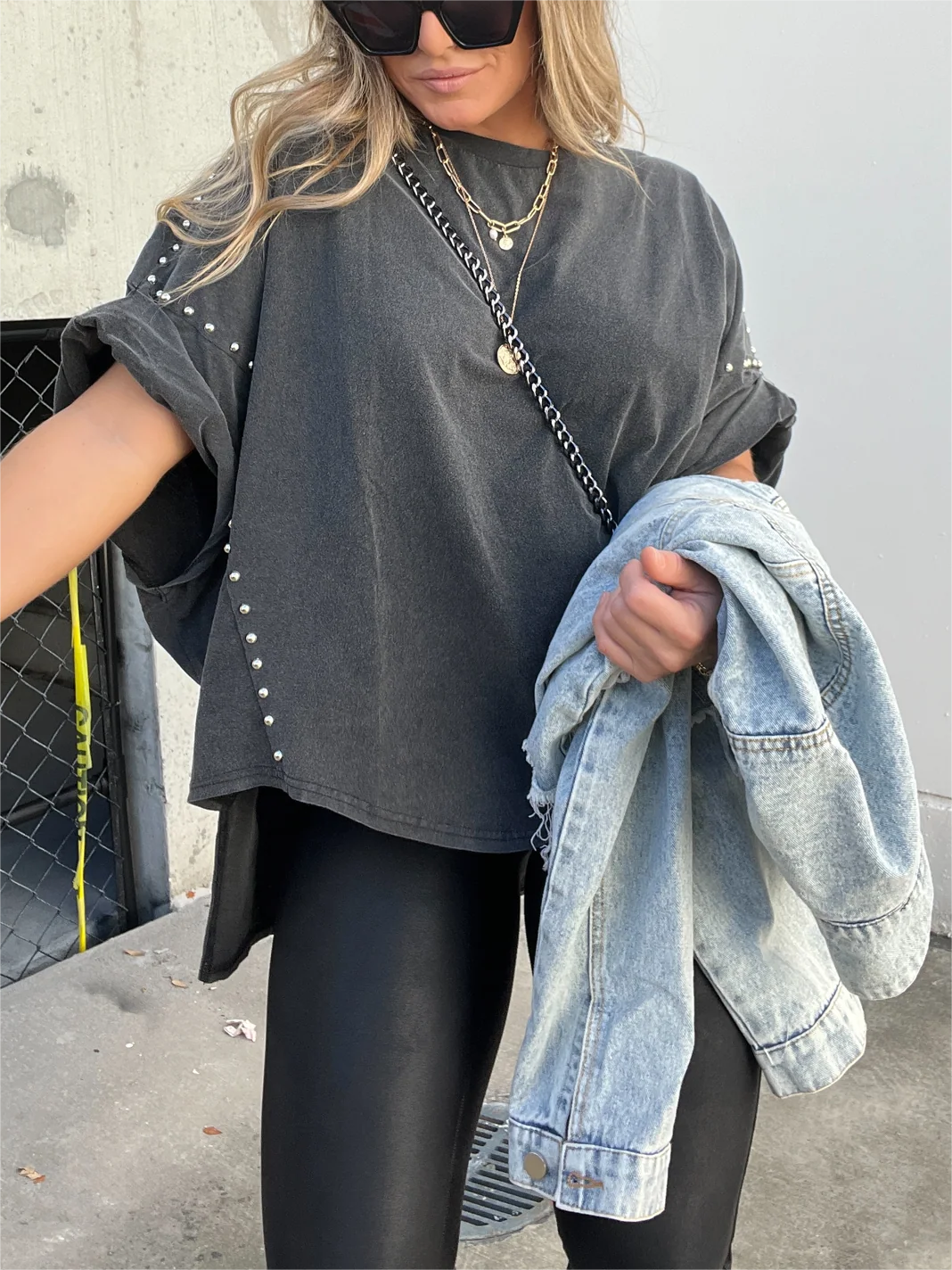 🔥Washed Roll Sleeve Studded Oversized Short Sleeve Top (Buy 2 Free Shipping)
