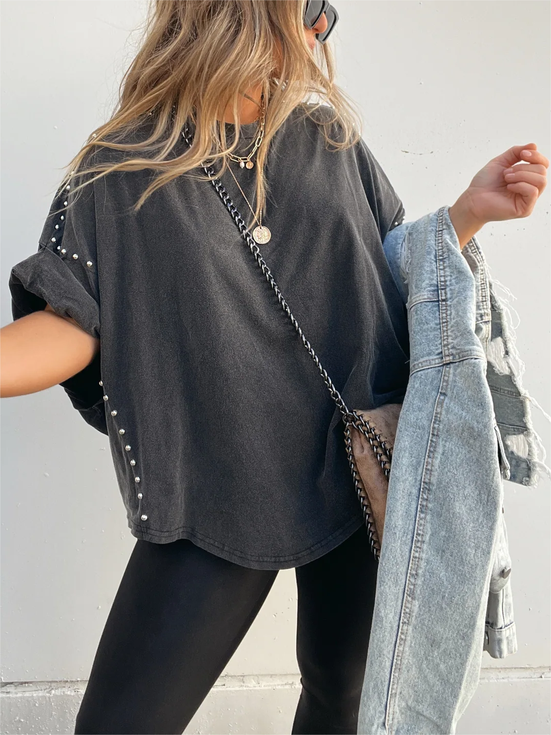 🔥Washed Roll Sleeve Studded Oversized Short Sleeve Top (Buy 2 Free Shipping)
