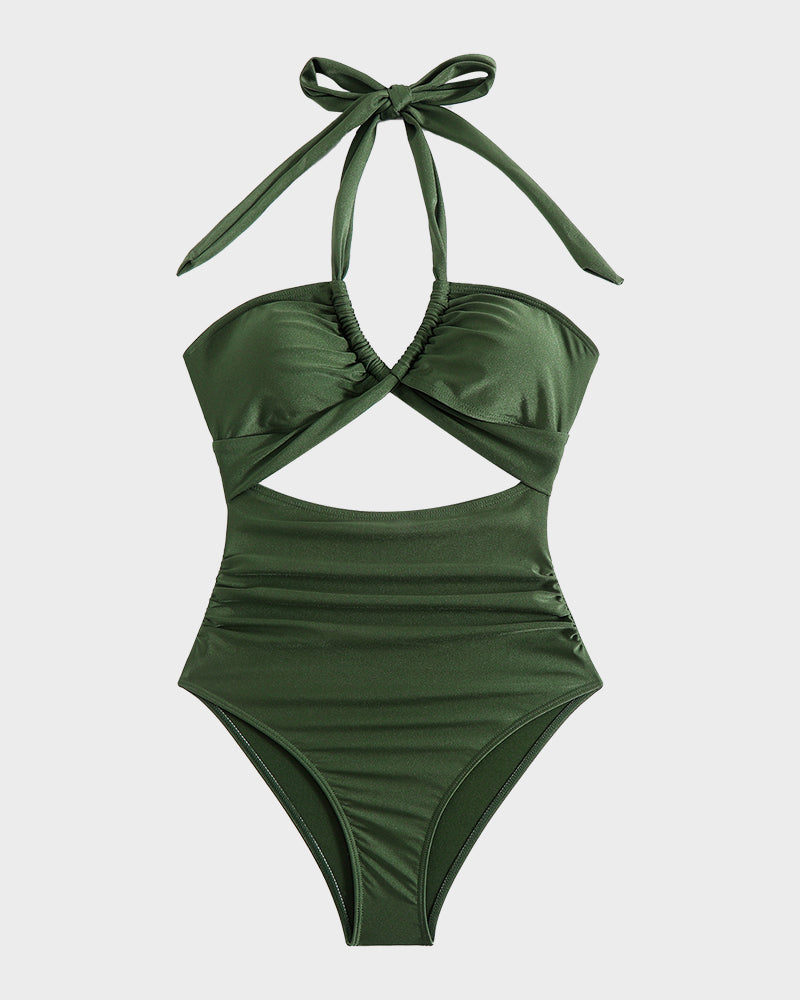 Halter Neck Cut-Out Ruched One Piece Swimsuit