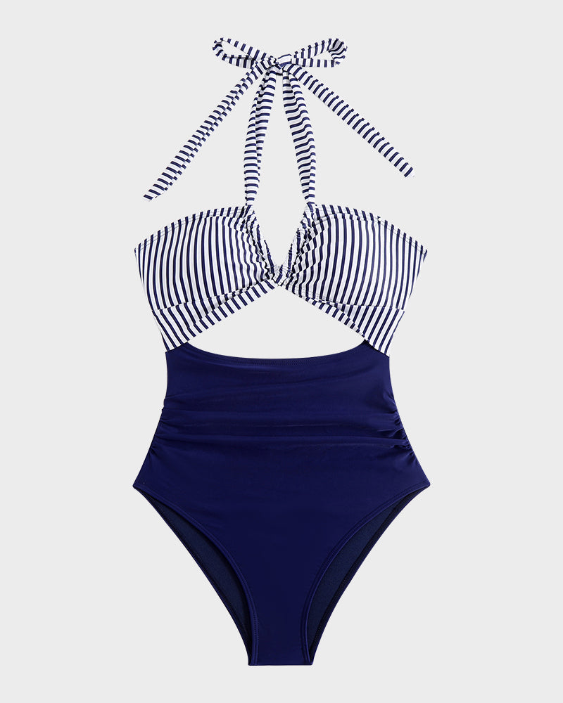 Halter Neck Cut-Out Ruched One Piece Swimsuit