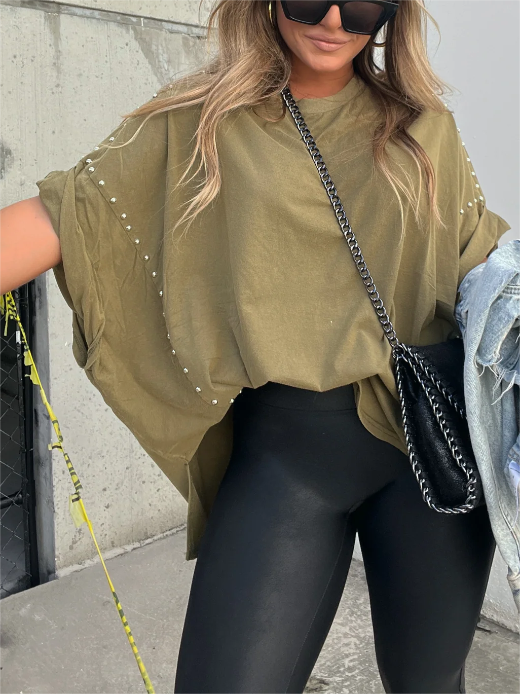 🔥Washed Roll Sleeve Studded Oversized Short Sleeve Top (Buy 2 Free Shipping)