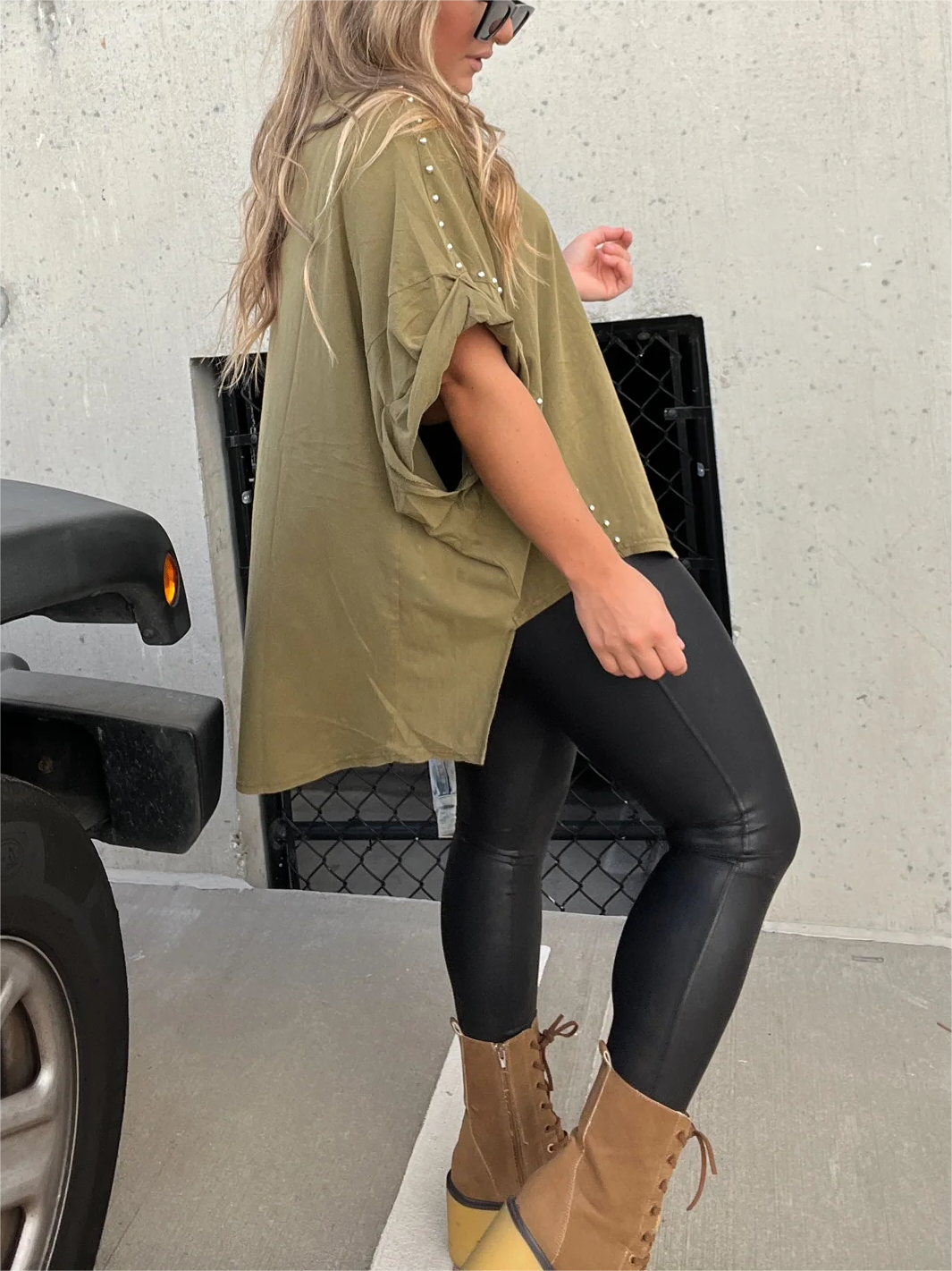 🔥Washed Roll Sleeve Studded Oversized Short Sleeve Top (Buy 2 Free Shipping)