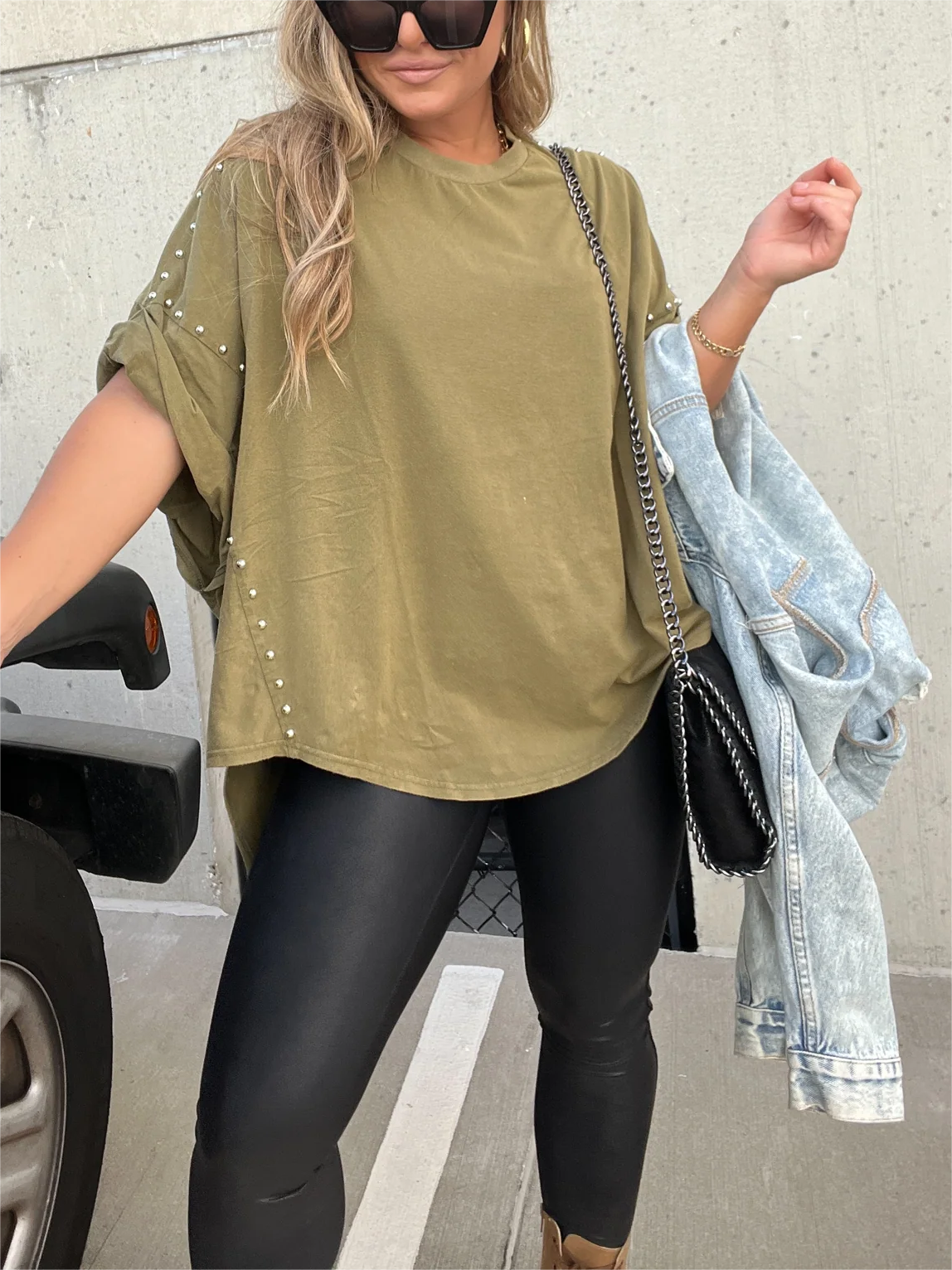 🔥Washed Roll Sleeve Studded Oversized Short Sleeve Top (Buy 2 Free Shipping)