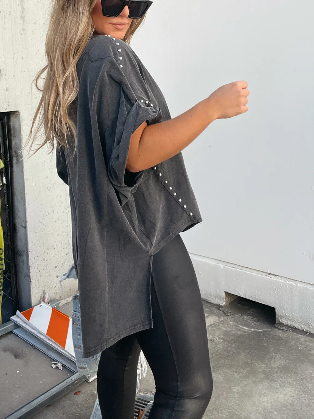 🔥Washed Roll Sleeve Studded Oversized Short Sleeve Top (Buy 2 Free Shipping)