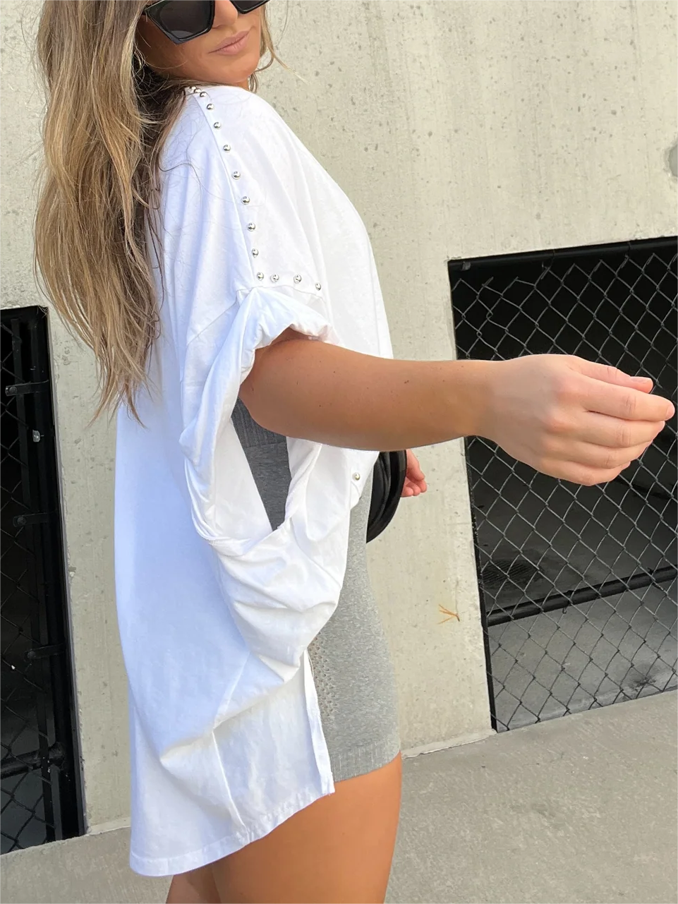 🔥Washed Roll Sleeve Studded Oversized Short Sleeve Top (Buy 2 Free Shipping)