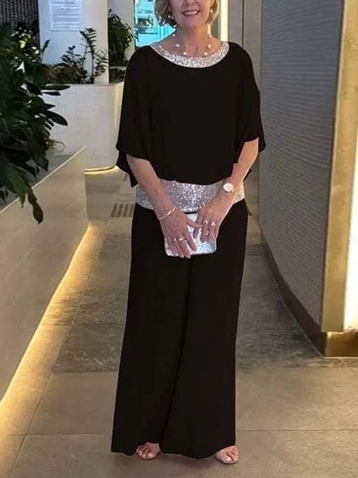 NEW🔥 Women's Round Neck Sequins Color Clash Bat Shirt Wide Leg Pants Set