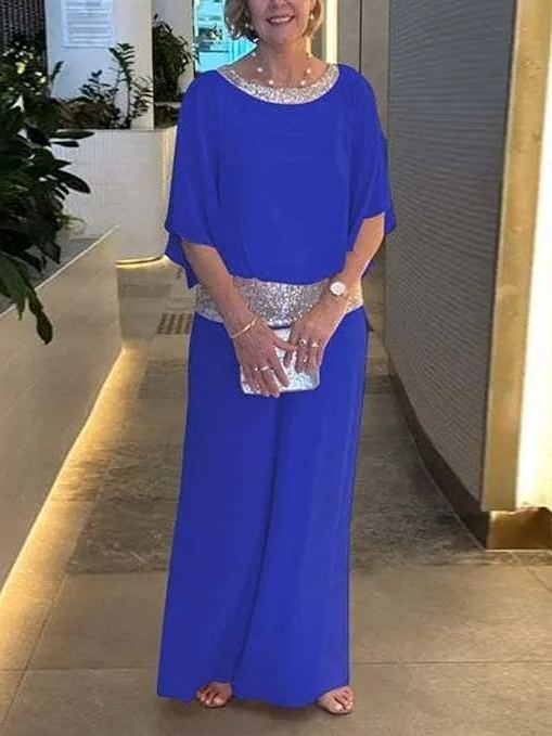 NEW🔥 Women's Round Neck Sequins Color Clash Bat Shirt Wide Leg Pants Set