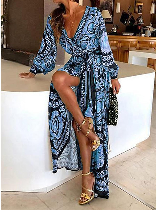 Women's Casual Dress Long Sleeve Bohemian Style Dress Long Sleeve Floral Tie Spring V Neck