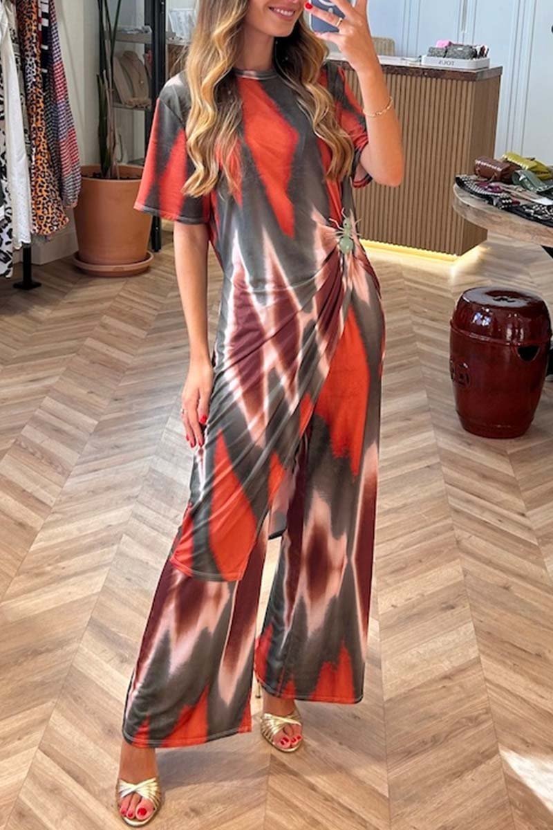 Women's casual tie-dye slit tops and pants two-piece set