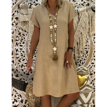 🔥49%- Cotton-Polyester Blend Dresses Casual V Neck Midi Dress🔥
