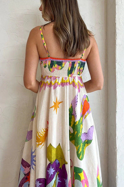 Midikleid aus Leinenmischung mit einzigartigem Print, gesmokter Rückseite und Taschen