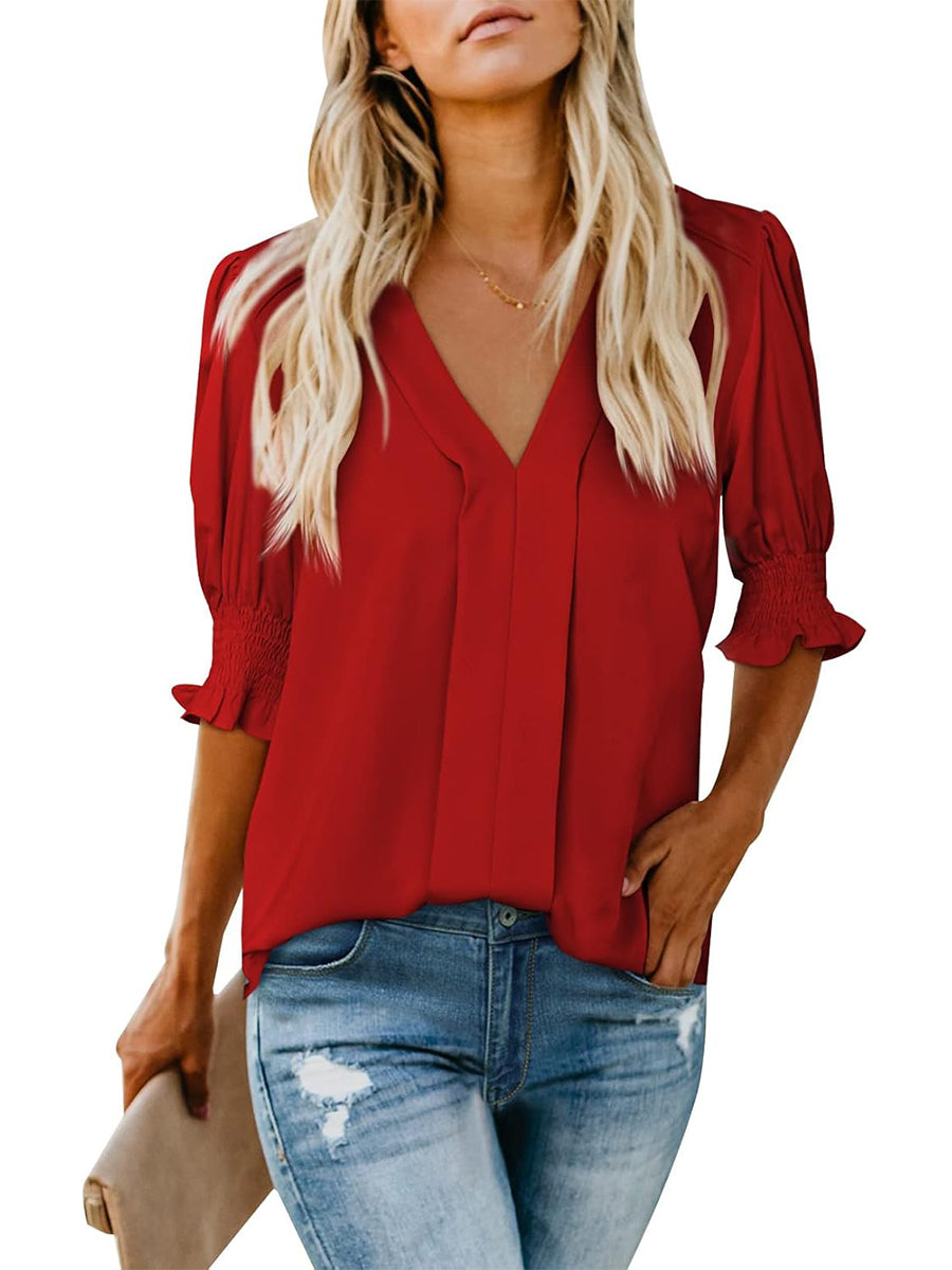 Women's Solid Casual V Neck Puff Sleeve Shirts (Buy 2 Free Shipping)