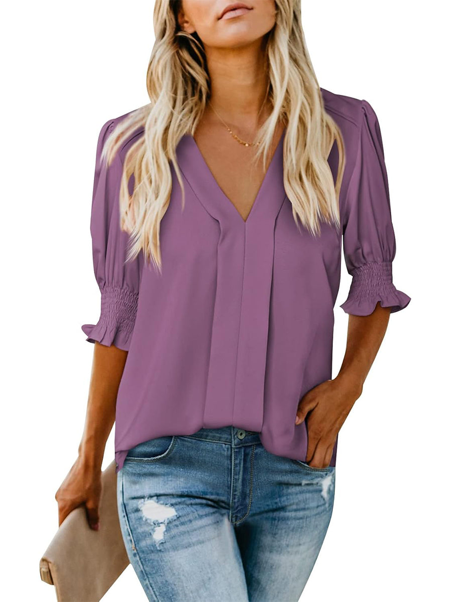 Women's Solid Casual V Neck Puff Sleeve Shirts (Buy 2 Free Shipping)