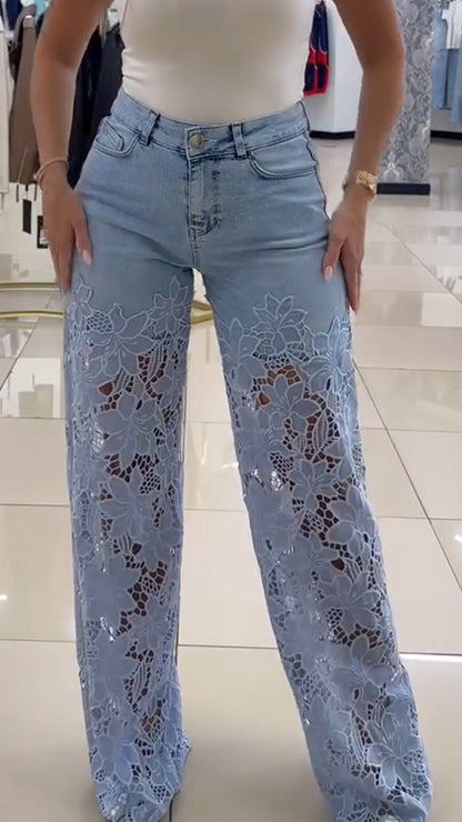 Women's Lace Patchwork Hollow Jeans
