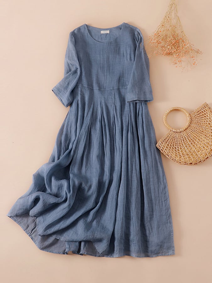Ramie Solid Loose Pleated Dress