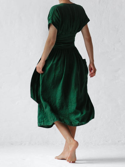 Linen Solid Lace Up Dress