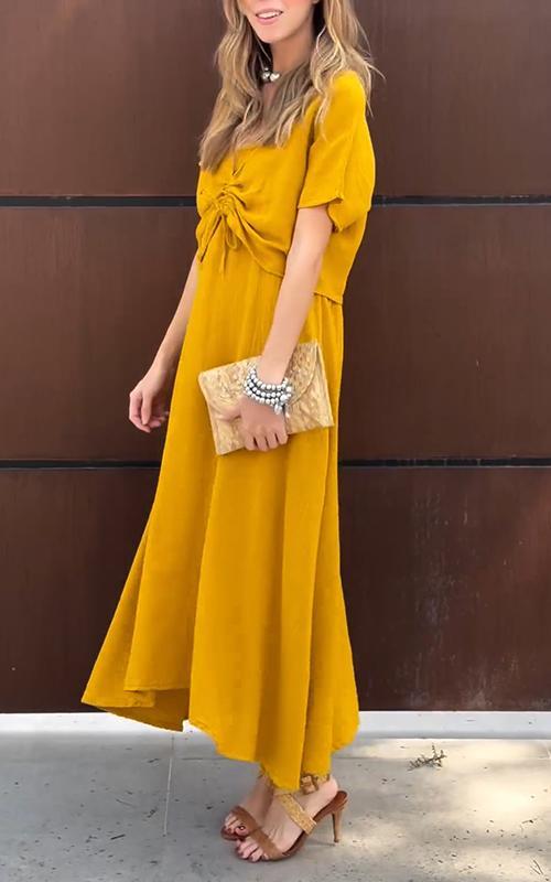 Women's V-neck Solid Color Cotton and Linen Two-piece Suit