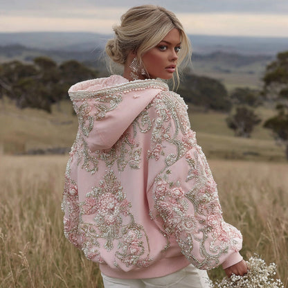 Women's Pink Flower Embroidery Art Long Sleeve Hoodie