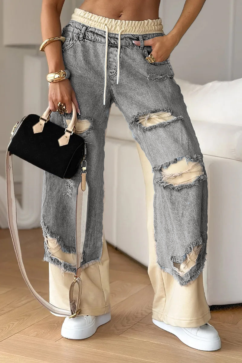 Women's Denim Trousers with Stitching and Ripped Design