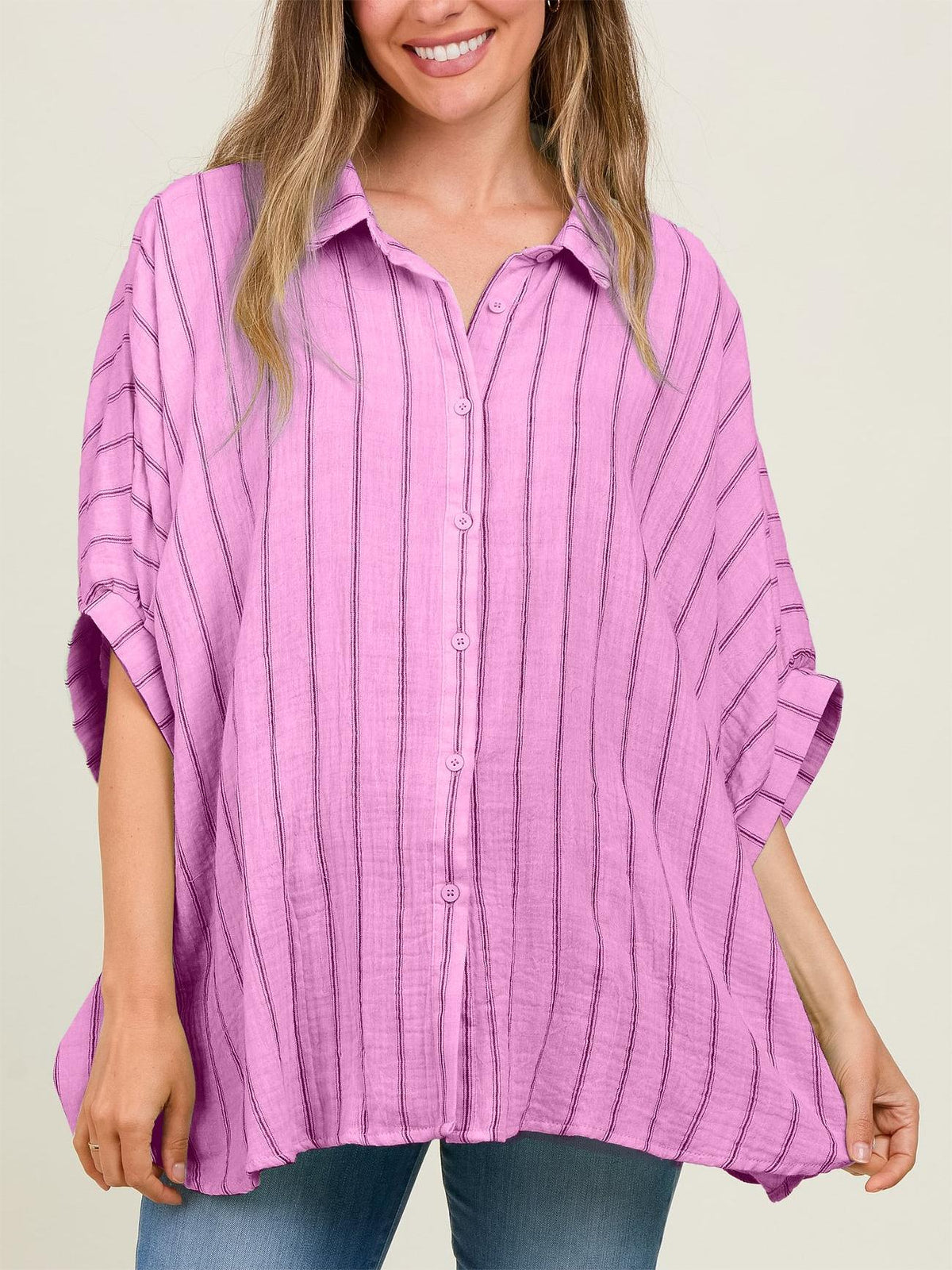 Women's Oversized Striped Button Down Top (Buy 2 Free Shipping)