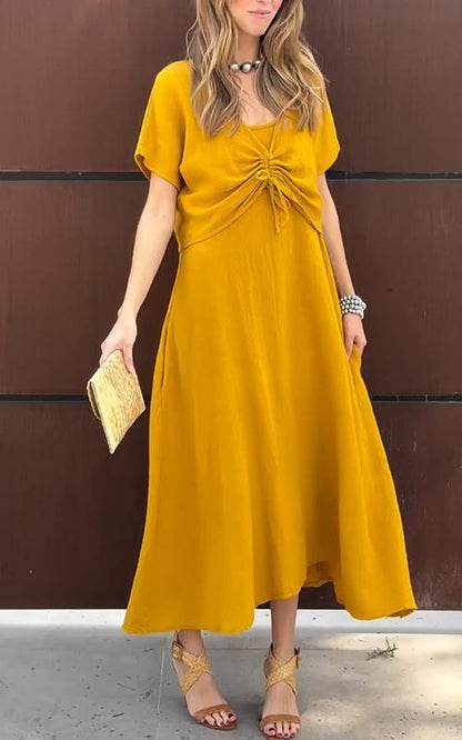 Women's V-neck Solid Color Cotton and Linen Two-piece Suit
