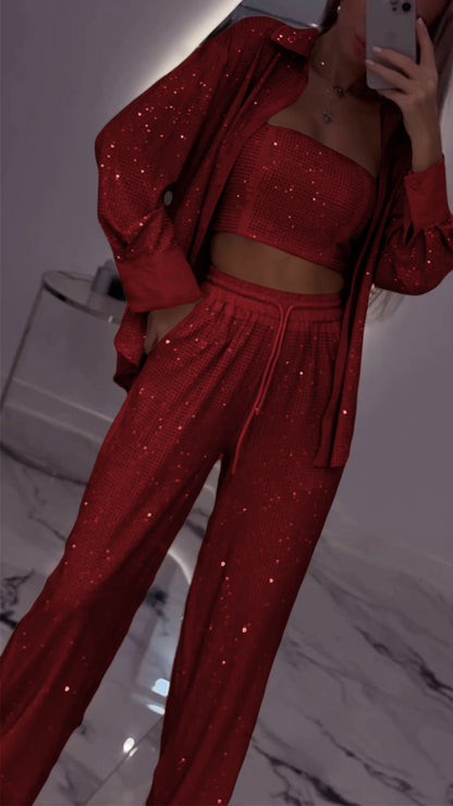 Women's Lapel Rhinestone Casual Three-piece Suit