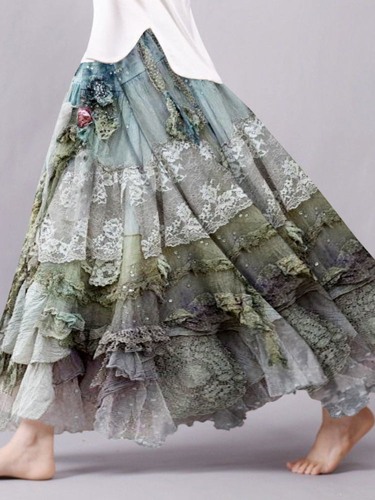 Vintage Boho Lace Flowy Wide Skirt