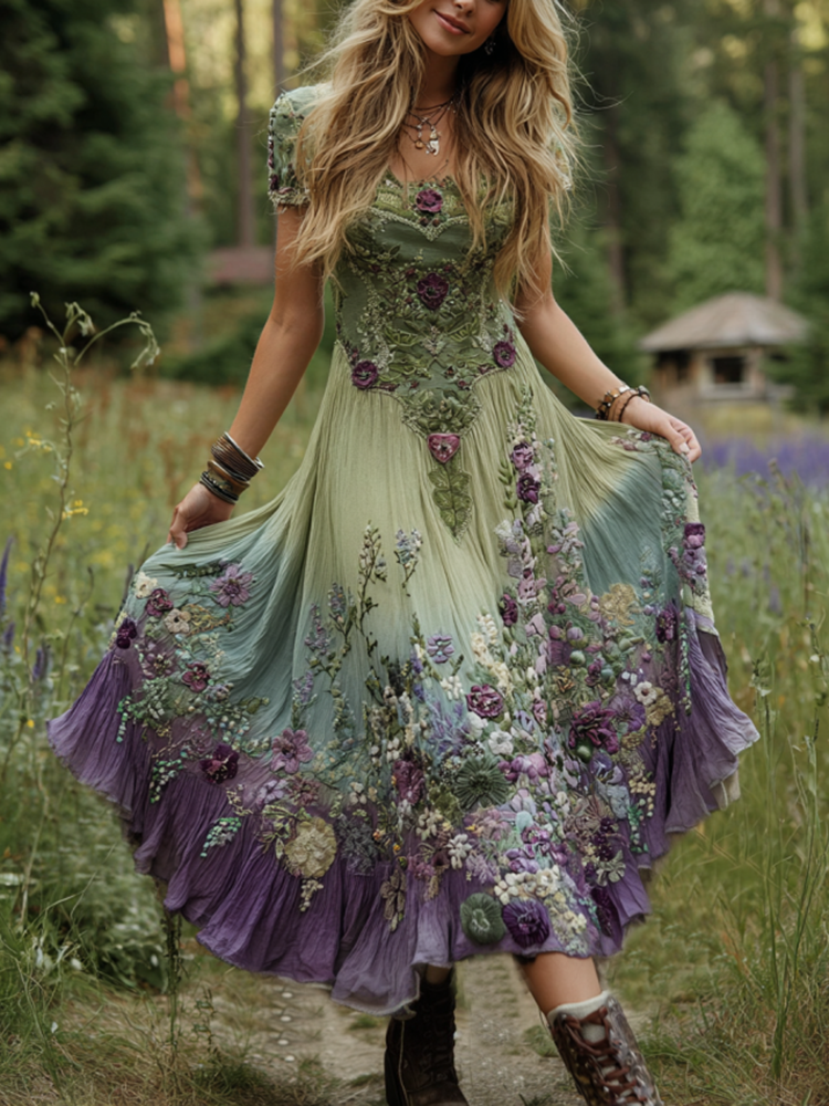 Classy Gradient Purple Lavender And Floral Embroidered Linen Maxi Dress