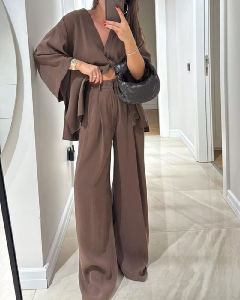 Casual V-Neck Top & Pants Two-Piece Set