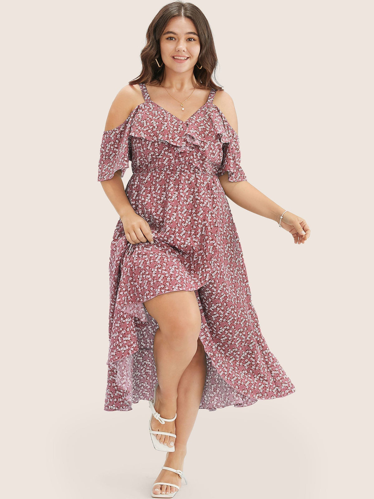Ditsy Floral Pocket Wrap Cold Shoulder Ruffle Dress