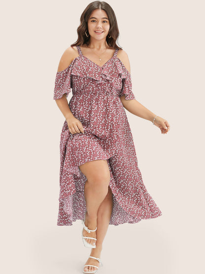 Ditsy Floral Pocket Wrap Cold Shoulder Ruffle Dress