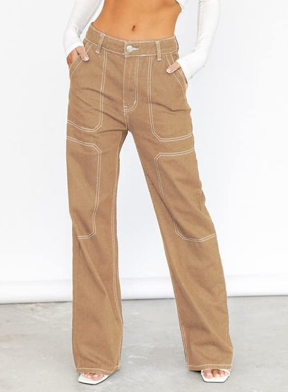 Dokotoo Women's Casual Mid Waist Cargo Jeans Stretch Wide Leg Denim Pants with Pockets