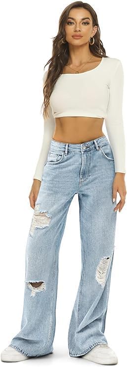 HDLTE Women Wide Leg Jeans High Waist Baggy Jeans Loose Boyfriend Jeans Denim Pants Y2K