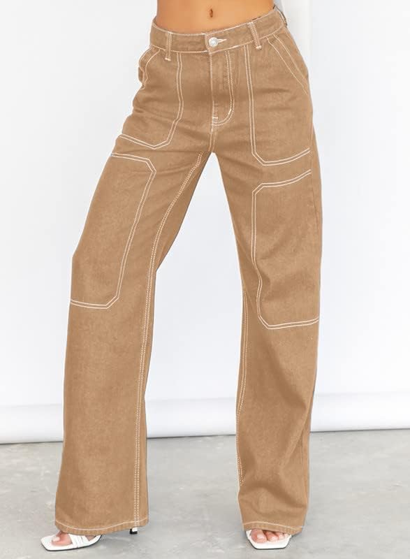 Dokotoo Women's Casual Mid Waist Cargo Jeans Stretch Wide Leg Denim Pants with Pockets