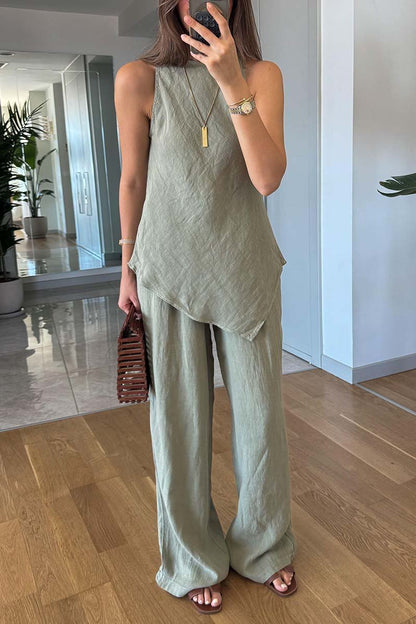 Women's casual irregular hem sleeveless cotton and linen two-piece set