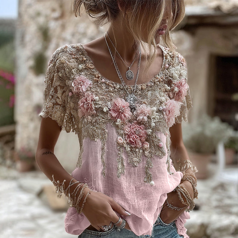 Women's Pink Rose Embroidery Art Round Neck Short Sleeve Linen Blend T-shirt