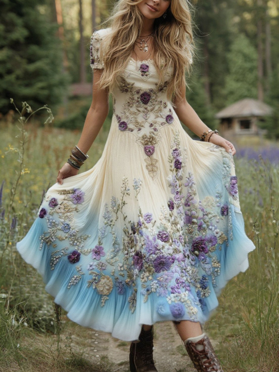 Classy Gradient Purple Lavender And Floral Embroidered Linen Maxi Dress